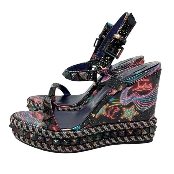 Christian Louboutin Sandals Pyraclou Studded Patent Leather Platform Wedges 38 - Picture 3 of 7